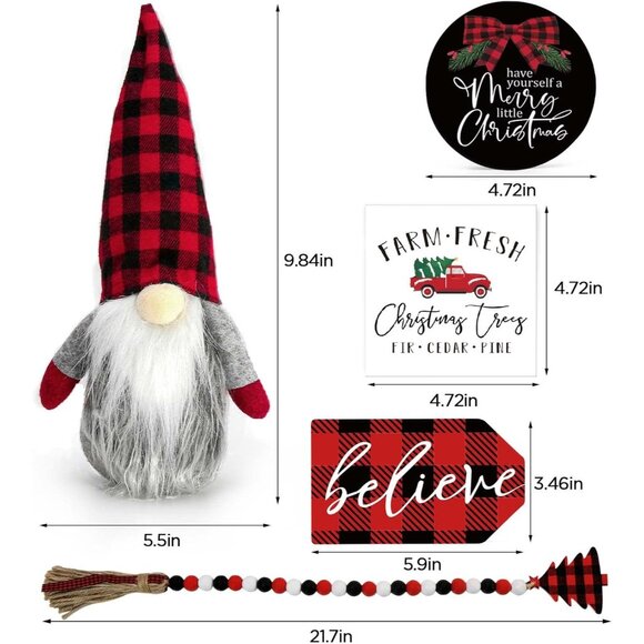 New Believe Merry Christmas Wooden Signs & Buffalo Plaid Gnomes Plush Set Decor - Picture 6 of 6